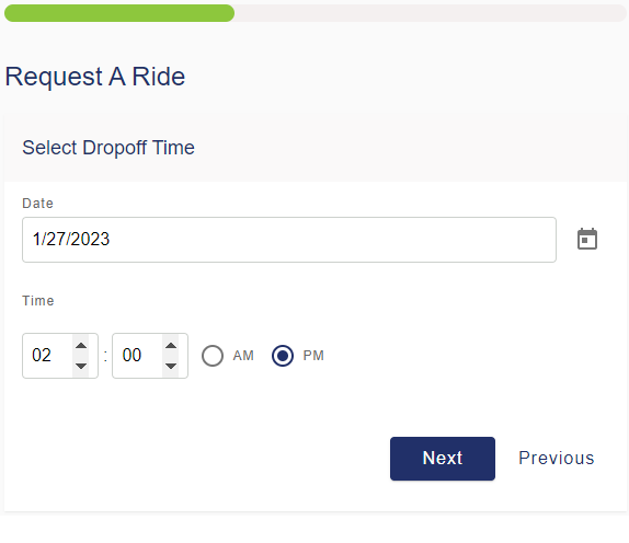 How to schedule an On Demand Ride from Bayway: Step 3, pick up time
